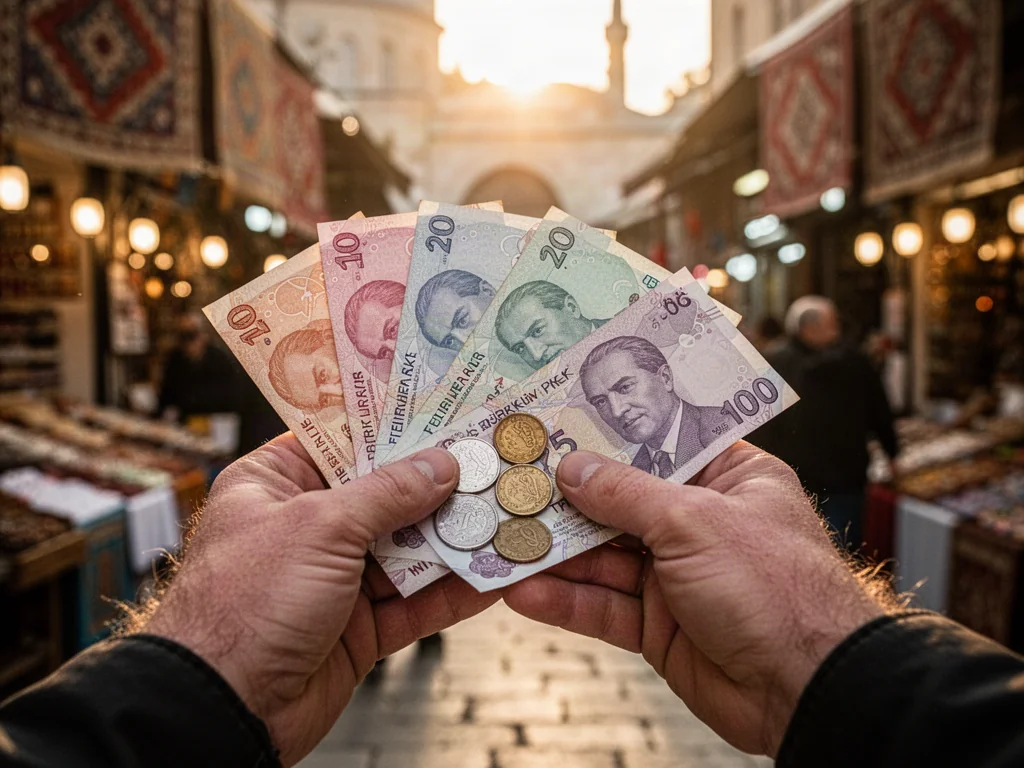 Dłonie trzymające tureckie banknoty i monety na tle rozmytego, słonecznego bazaru w Stambule.