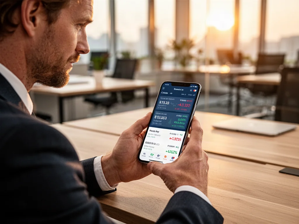Mężczyzna przy biurku sprawdza kurs walut w aplikacji na smartfonie, co ułatwia przeliczenie złotówek na euro.